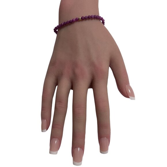 Ruby Micro Faceted Gemstone Beaded Stretch Bracelet with 14K Gold Accent Bead Ha - Picture 7 of 8